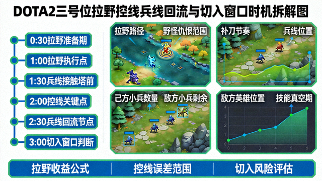 DOTA2三号位拉野控线兵线回流与切入窗口时机拆解图