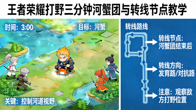 王者荣耀打野三分钟河蟹团与转线节点教学画面