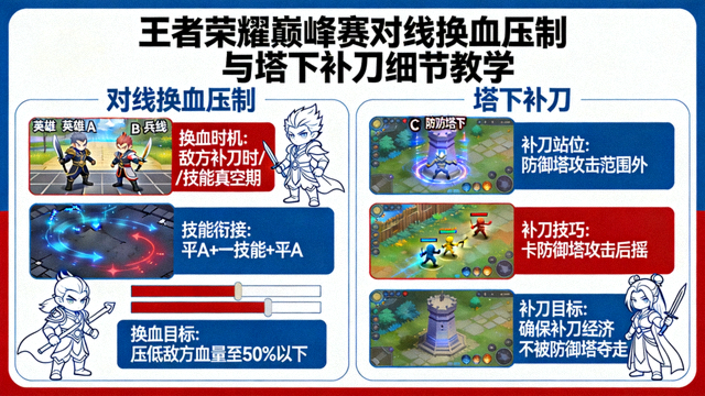 王者荣耀巅峰赛对线换血压制与塔下补刀细节教学图